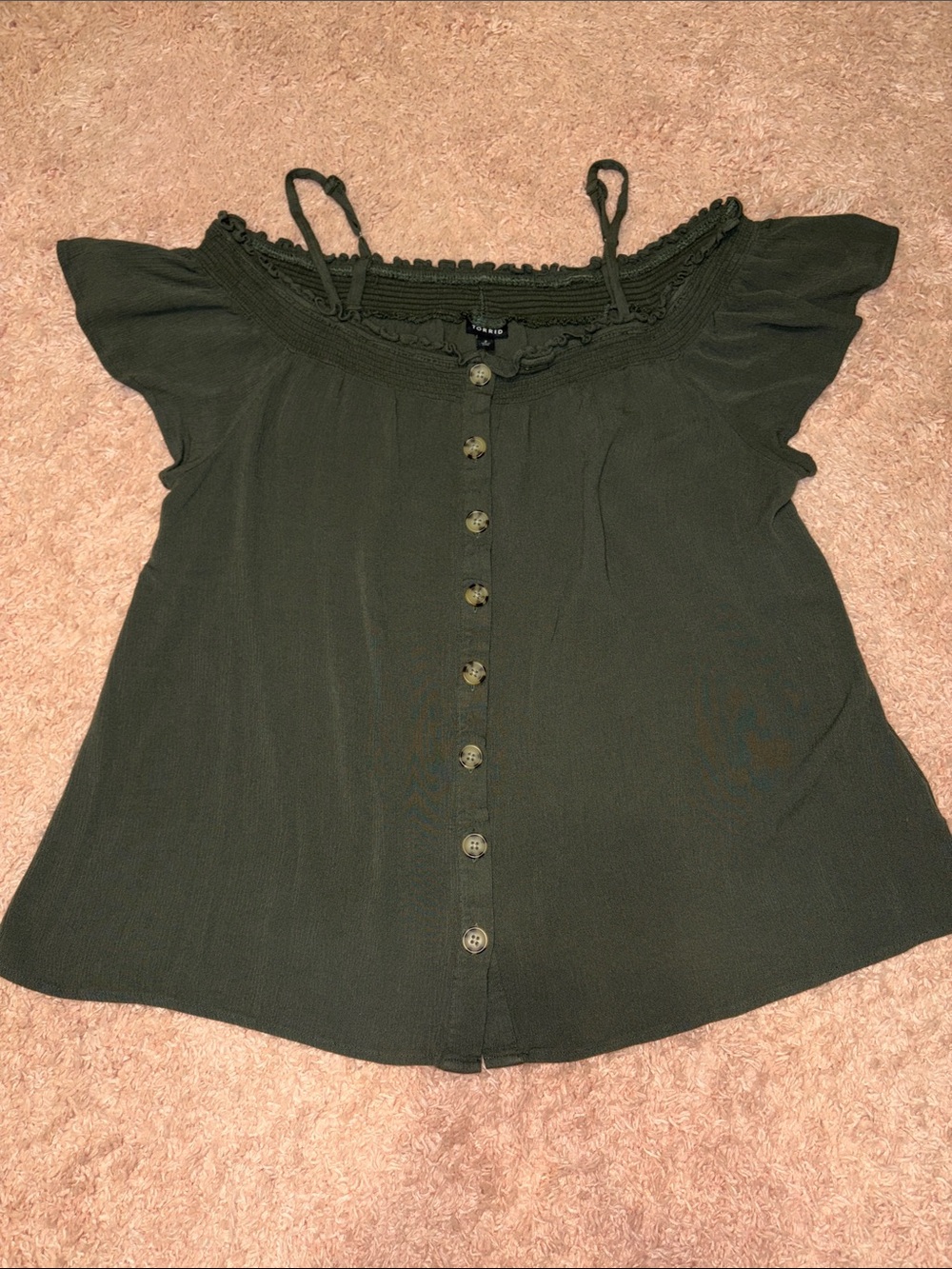 Torrid green flutter sleeve Forest fairy off the shoulder button down blouse  2